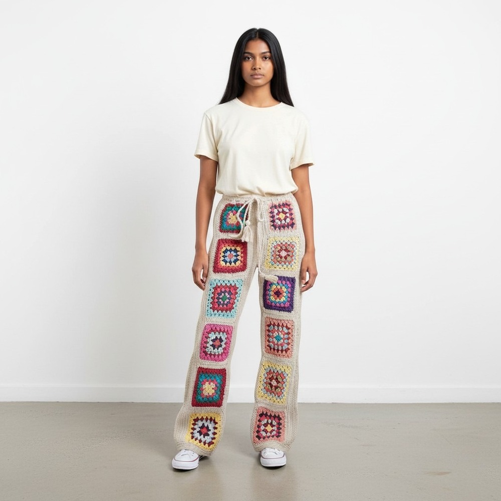 Flook X Free People Crochet Flare Pants S Granny Square High Rise Hippie Retro